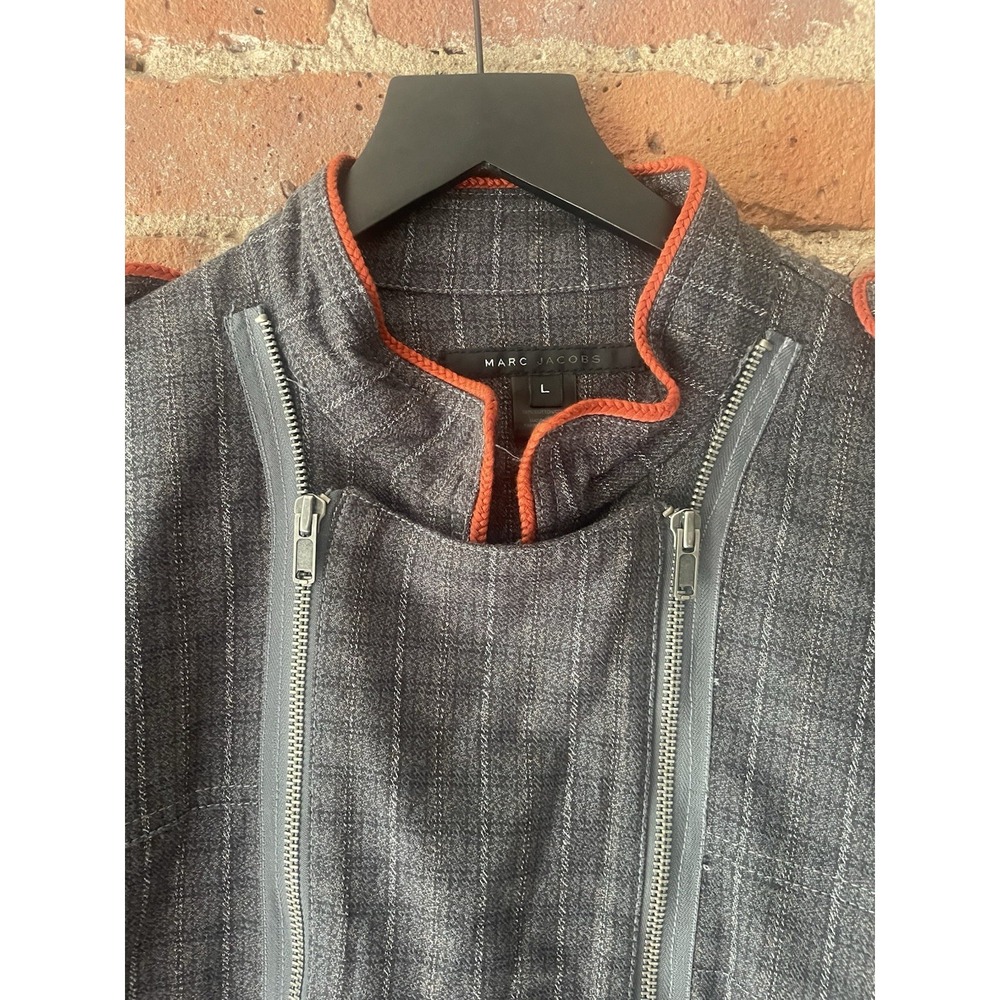 Marc Jacobs Vintage Denim Plaid Zipper Biker Jacket Sz L Mens Blue/ Gray/ Orange - Picture 8 of 16